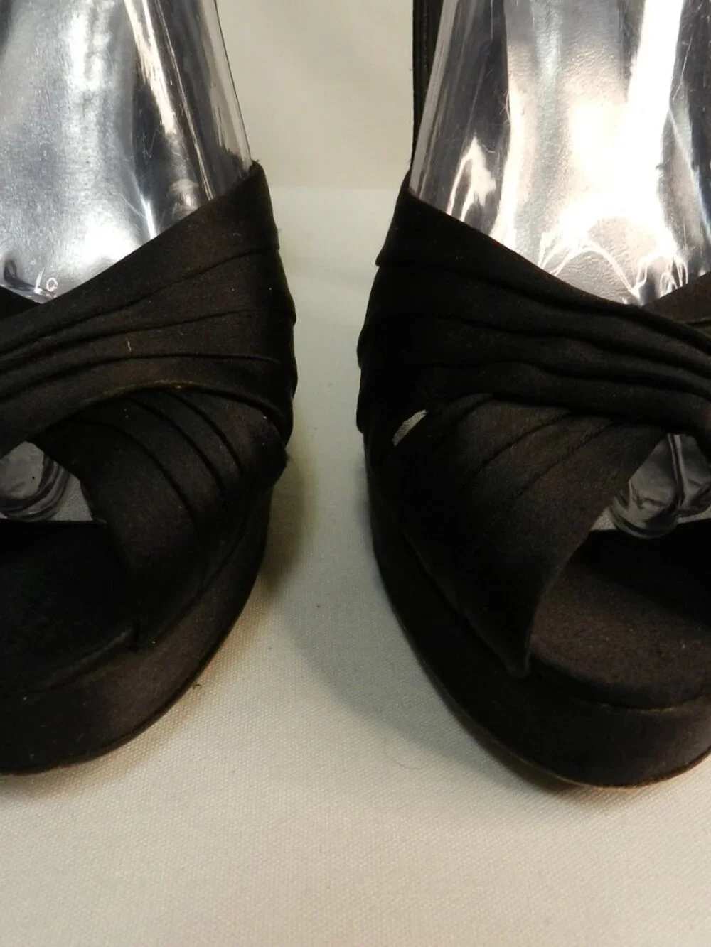 Stuart Weitzman Satin Leather Crystal Buckle black slingback peep toe heels 9.5